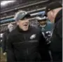  ?? MICHAEL PEREZ — THE ASSOCIATED PRESS ?? Philadelph­ia Eagles head coach Doug Pederson celebrates after an NFL divisional playoff football game against the Atlanta Falcons, Saturday.