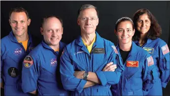  ??  ?? Ferguson (centre) poses for a picture with Nasa commercial crew astronauts Sunita Williams (right) and Josh Cassada (left) and his Star Liner crew astronauts Mann (second right) and Fincke at the Johnson Space Center in Houston, Texas, US. — Reuters photos