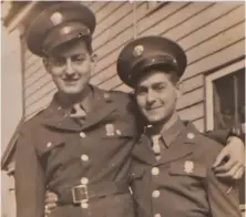  ?? STAFF PHOTO, RIGHT, BY PATRICK WHITTEMORE ?? BRAVE SOLDIER: John Leoncello, far right with his wife, Theresa, holds his honorable discharge certificat­e from the Army. Leoncello, seen above right with cousin Jerry Collea, and top in a Boston Evening American article, will be honored Tuesday at Fenway Park.