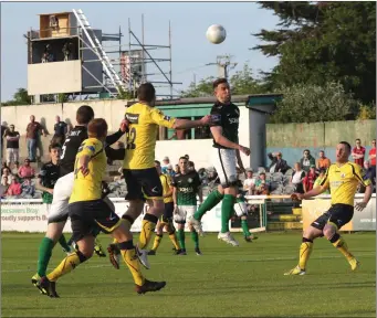  ??  ?? Bray’s Robbie Creevy gets his head to a cross during the clash with Longford Town.