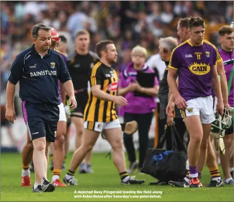  ??  ?? A dejected Davy Fitzgerald leaving the field along with Aidan Nolan after Saturday’s one-point defeat.