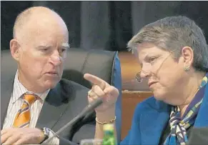  ?? Jeff Chiu Associated Press ?? GOV. JERRY BROWN and University of California President Janet Napolitano disagreed on raising tuition at the system’s schools but eventually came to a compromise.