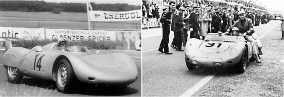  ??  ?? Below: Jean Behra in a single-seater version of the 550 Spyder at Reims in 1958. Right: Le Mans, 1958. Jurgen Barth and Paul Frere place fourth in a 718 RSK