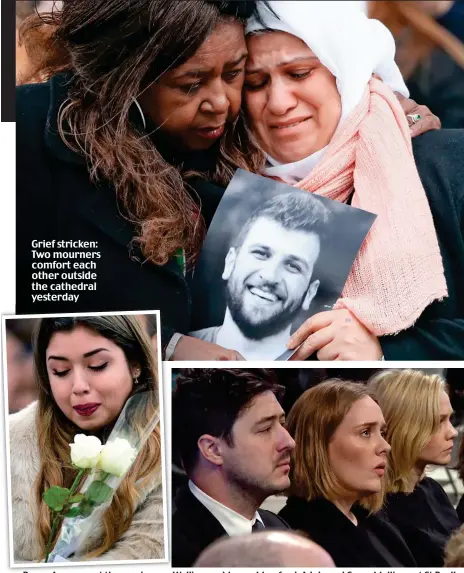  ??  ?? Roses: A woman at the service Welling up: Marcus Mumford, Adele and Carey Mulligan at St Paul’s Grief stricken: Two mourners comfort each other outside the cathedral yesterday