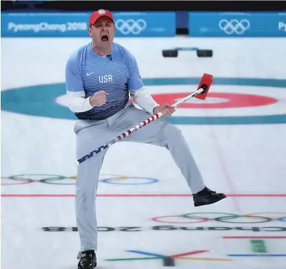  ??  ?? John Shuster celebrates a point during the Americans’ curling gold- medal victory against Sweden on Saturday. | GETTY IMAGES