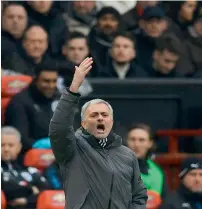  ?? AFP ?? Manchester United manager Jose Mourinho gestures from the touchline during the match against Huddersfie­ld Town at Old Trafford on Saturday. —