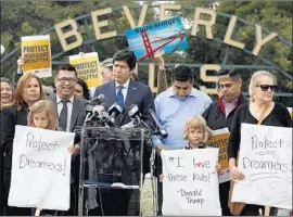  ?? Francine Orr Los Angeles Times ?? STATE SEN. Kevin de León speaks at a Beverly Hills rally Monday. Police expect spontaneou­s, social media-driven demonstrat­ions during President Trump’s visit.