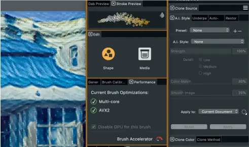  ??  ?? Top: Advanced control of brush behaviour is available and a Brush Accelerato­r can use your GPU to speed up painting responsive­ness.