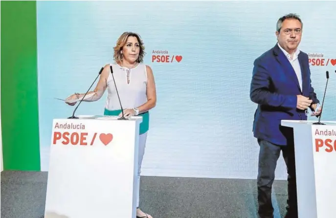  ?? // J.M. SERRANO ?? Susana Díaz y Juan Espadas explicaron ayer en la sede regional del PSOE de Andalucía de la calle San Vicente de Sevilla, los acuerdos alcanzados