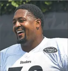  ??  ?? Guard Ramon Foster returns to practice Monday at UPMC Rooney Sports Complex on the South Side and is on track to be ready for the season opener. Foster was injured early in training camp.