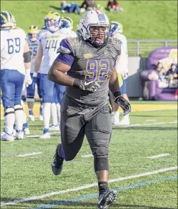  ?? Bill Ziskin / Ualbany Athletics ?? Ualbany defensive tackle Mazon Walker said he’s looking forward to being back in Casey Stadium and playing on Bob Ford Field, named after the longtime Ualbany coach. The Great Danes won their first game at New Hampshire but dropped their second in a sloppy loss at Maine.