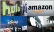  ?? AP PHOTO ?? This combinatio­n photo shows, clockwise from top left, the Hulu logo on a window at the Milk Studios space in New York, the Amazon logo in Santa Monica, Calif., the Apple TV+ logo displayed outside the Regency Village Theatre in Los Angeles before the premiere of the the Apple TV+ series “See,” and a screen grab of the Disney Plus streaming service on a computer screen.