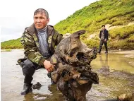  ?? Tribune News Service ?? ■ A man holds a mammoth bone fragment in the Pechevalav­ato Lake in the YamaloNene­ts region, Russia. Scientists hope to retrieve the entire skeleton — a rare find that could help deepen the knowledge about mammoths that died out around 10,000 years ago.