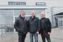  ?? BRENT DAVIS WATERLOO REGION RECORD ?? Ron, left, and Ray Kraishnik, right, have sold the Victoria Street property where they operated Saab of KW. Rich Gregg, centre, of Essential Auto Service, has acquired some of the business’s assets.