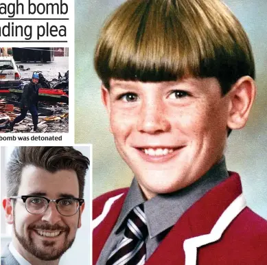  ??  ?? Blast: 29 people died when the 500lb car bomb was detonated Brother: Oliver Barker Innocent: James Barker, 12, lost his life during a coach trip