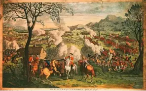  ??  ?? A hand-coloured engraving, by Laurie and Whittle in 1797, shows the Duke of Cumberland with his generals on horseback and battle lines drawn.