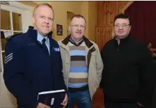  ??  ?? Sergeant Paul Lynch, John O’Sullivan and Michael Corkery attended the Aubane Community Alert meeting.