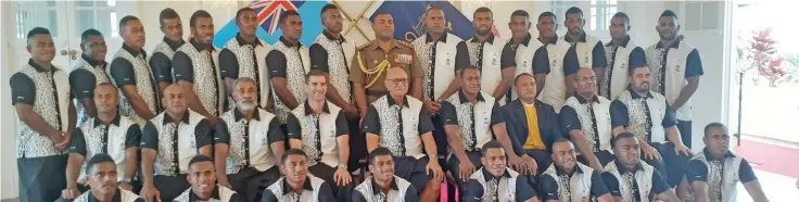  ??  ?? Fiji Airways Fijian 7s men’s extended squad members with President Major General (Ret’d) Jioji Konrote at the State House, Suva on September 13,2019. Photos: Simione Haravanua.