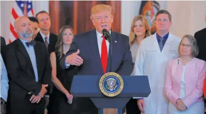  ?? AP PHOTO/CAROLYN KASTER ?? President Donald Trump speaks Monday during a ceremony where he signed an executive order that calls for upfront disclosure by hospitals of actual prices for common tests and procedures to keep costs down at the White House in Washington.