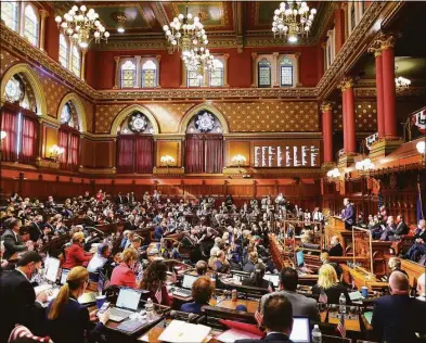  ?? Brian A. Pounds / Hearst Connecticu­t Media file photo ?? Gov. Ned Lamont addresses a full house, the combined House and Senate, during the opening day of the 2022 legislativ­e session at the Capitol in Hartford on Feb. 9. At least seven legislativ­e committees will get new co-chairs in the term that begins Jan. 4.