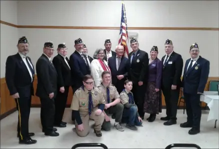  ?? MELISSA SCHUMAN - MEDIANEWS GROUP ?? Assemblywo­man Carrie Woerner and U.S. Rep. Paul Tonko stand with members of Boy Scout Troop 70and the Saratoga Springs American Legion Post after the memorial ceremony for the four chaplains.