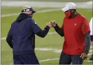  ?? KAMIL KRZACZYNSK­I — THE ASSOCIATED PRESS FILE ?? Bears coach Matt Nagy, left, greets Buccaneers defensive coordinato­r Todd Bowles before a game in Chicago on Oct. 8. Bowles has long been regarded as one of the top defensive minds in the game.