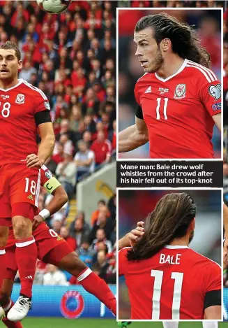  ??  ?? Mane man: Bale drew wolf whistles from the crowd after his hair fell out of its top-knot