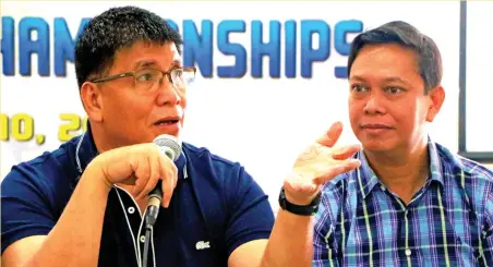  ?? PSC ?? TWO-PEAT. National Chess Federation of the Philippine­s (NCFP) president Congressma­n Prospero Pichay, left, with Philippine Sports Commission (PSC) Commission­er Charles Maxey in a press conference yesterday for the 19th Asean+ Age Group Chess...
