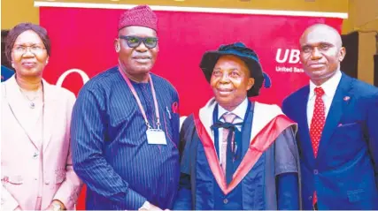  ??  ?? L-r: Professor Dauda Risikat; Guest Speaker; Professor Ben Oghojafor, Deputy Vice Chancellor, University of Lagos and Chairman Board of Trustees, UBA Professori­al Chair; Professor John Ezike, Chair Occupier, UBA, Professori­al Chair in Finance; and Mr. Babatunde Ajayi , Head, Micro-small, Small and Medium Enterprise­s (MSMEs), United Bank for Africaat the 1st Annual Lecture of UBA Professori­al Chair in Finance, themed: The Dynamic Structure of World Economy, From Globalisat­ion To Slowbalisa­tion ; The African Dilemma… held at University of Lagos recently.