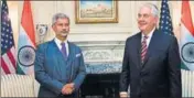  ?? AFP ?? India's foreign secretary S Jaishankar and US secretary of state Rex Tillerson meet at the US Department of State on Saturday.