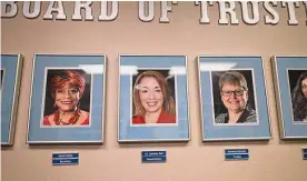  ?? Billy Calzada/staff photograph­er ?? A picture of Judson ISD Superinten­dent Jeanette Ball hangs in the Educationa­l Resource Center on Monday, when the board accepted her resignatio­n.