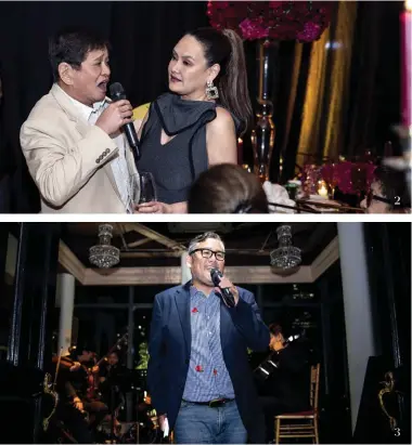  ??  ?? 1 Cris Villonco filled the entire room with her enchanting voice 2 Butch Albert with his wife, Cris
3 Rajo Laurel gave a heartwarmi­ng speech for the celebrants