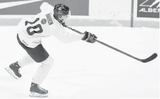  ?? ROB WALLATOR • HOCKEY CANADA IMAGES ?? Halifax Mooseheads defenceman Justin Barron takes a shot at Team Canada’s world junior hockey selection camp last week.