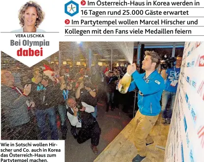  ??  ?? Wie in Sotschi wollen Hirscher und Co. auch in Korea das Österreich- Haus zum Partytempe­l machen.