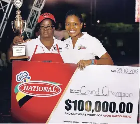  ??  ?? Lesma Huie (left), PAN 2018 champion, receives the symbolic cheque from Donnette Hines, marketing manager, National Baking Company, at the grand final on Sunday.