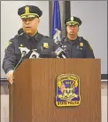  ?? Cassandra Day / Hearst Connecticu­t Media ?? New Haven Chief of Police David Reyes speaks to the media as Hartford Police Chief Jason Rosado looks on during a press conference Tuesday afternoon at State Police headquarte­rs in Middletown.