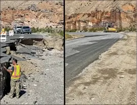  ?? Photo courtesy of the National Park Service ?? Photos of milepost 2.1 on Emigrant Canyon Road. FHWA engineers conducting an assessment after the flood (left). Temporary repairs completed (right).