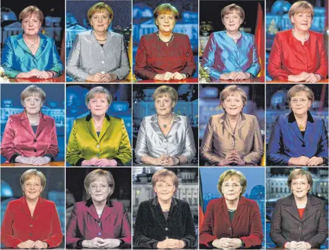  ?? FOTO-KOMBO: DPA ?? Bundeskanz­lerin Angela Merkel (CDU) bei ihrer Neujahrsan­sprache im Kanzleramt von 2019 (links oben) bis zum Jahr 2005 zurück (rechts unten).