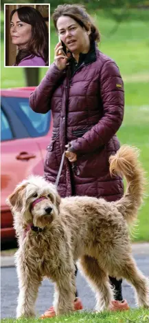  ??  ?? Tall tail: Polly Walker, who portrays lawyer Gill Bigelow (inset), ventures out with her pet