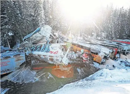  ?? POSTMEDIA NEWS ?? The scene of the February 2019 Canadian Pacific Railway freight train derailment near Field, B.C., that killed the train’s conductor, engineer and a conductor trainee.