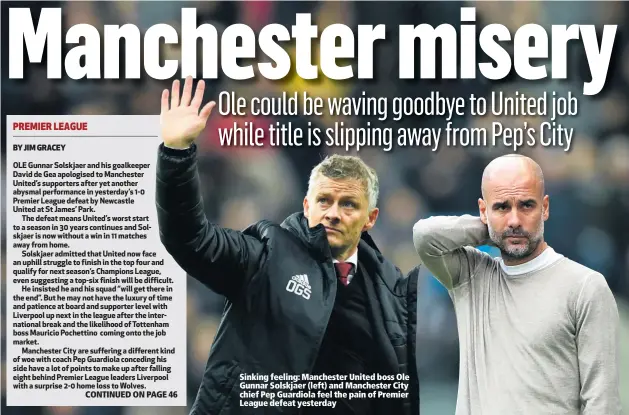 ??  ?? Sinking feeling: Manchester United boss Ole Gunnar Solskjaer (left) and Manchester City chief Pep Guardiola feel the pain of Premier League defeat yesterday