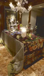  ??  ?? A color scheme of red and green is traditiona­l but go for muted tones and mix textures: A floral kilim carpet over an olive silk organza table cloth gives an Old World vibe reminiscen­t of Renaissanc­e paintings.