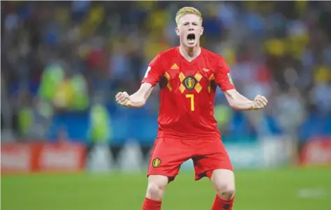  ??  ?? BOUNDLESS JOY . . . Belgian playmaker Kevin de Bruyne celebrates his country’s victory over Brazil in a World Cup quarter-final tie in Kazan yesterday. — (Reuters)