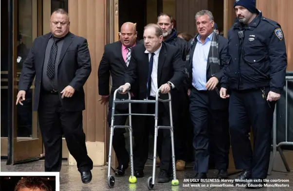  ??  ?? AN UGLY BUSINESS: Harvey Weinstein exits the courtroom last week on a zimmerfram­e. Photo: Eduardo Muno/Reuters