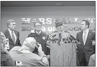  ?? AP/Paducah Sun/RYAN HERMENS ?? Kentucky State Police Lt. Michael Webb speaks to reporters Tuesday about a fatal school shooting in Benton, Ky.