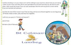  ??  ?? Stephen Baine’s letter using characters from Pixar film Toy Story (inset)