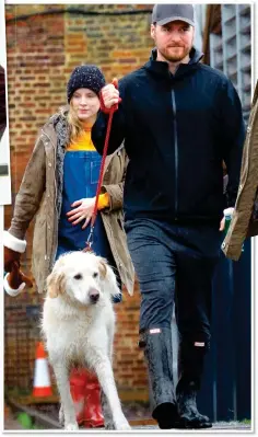  ??  ?? ‘SO HAPPY’: Sophie cradles her bump on a stroll with partner Matt, above. Top left: With co-star Martin Compston in The Nest