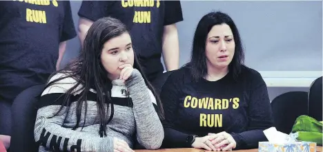  ?? NICK PROCAYLO ?? Family members gather for an RCMP news conference in Maple Ridge on Monday announcing charges in the September 2017 fatal hit-and-run death of Laura Jeglum-Woycheshen. One man is charged with impaired driving causing death and numerous other offences.