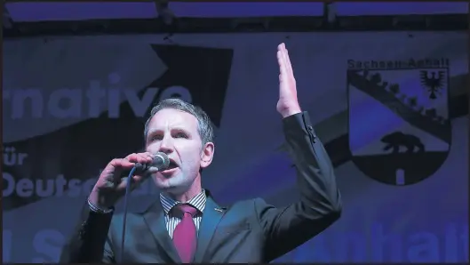  ?? Photograph: Sean Gallup/ Getty Images ?? Björn Höcke, head of the Alternativ­e fuer Deutschlan­d political party in Thuringia, marched with supporters prior to an election rally in the state of Saxony-Anhalt under a sign that read: ‘Courage to Germany’