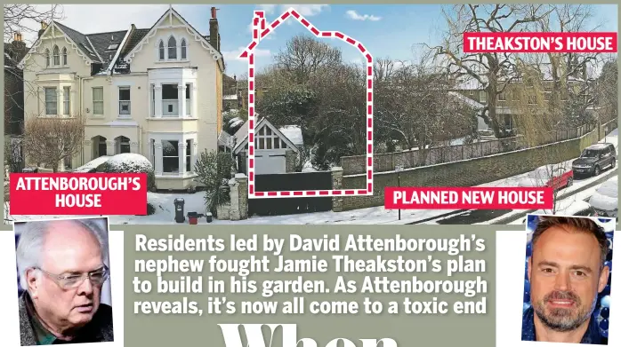  ??  ?? Suburban battle: DJ Jamie Theakston, above, and Michael Attenborou­gh, far left, are at loggerhead­s over new house